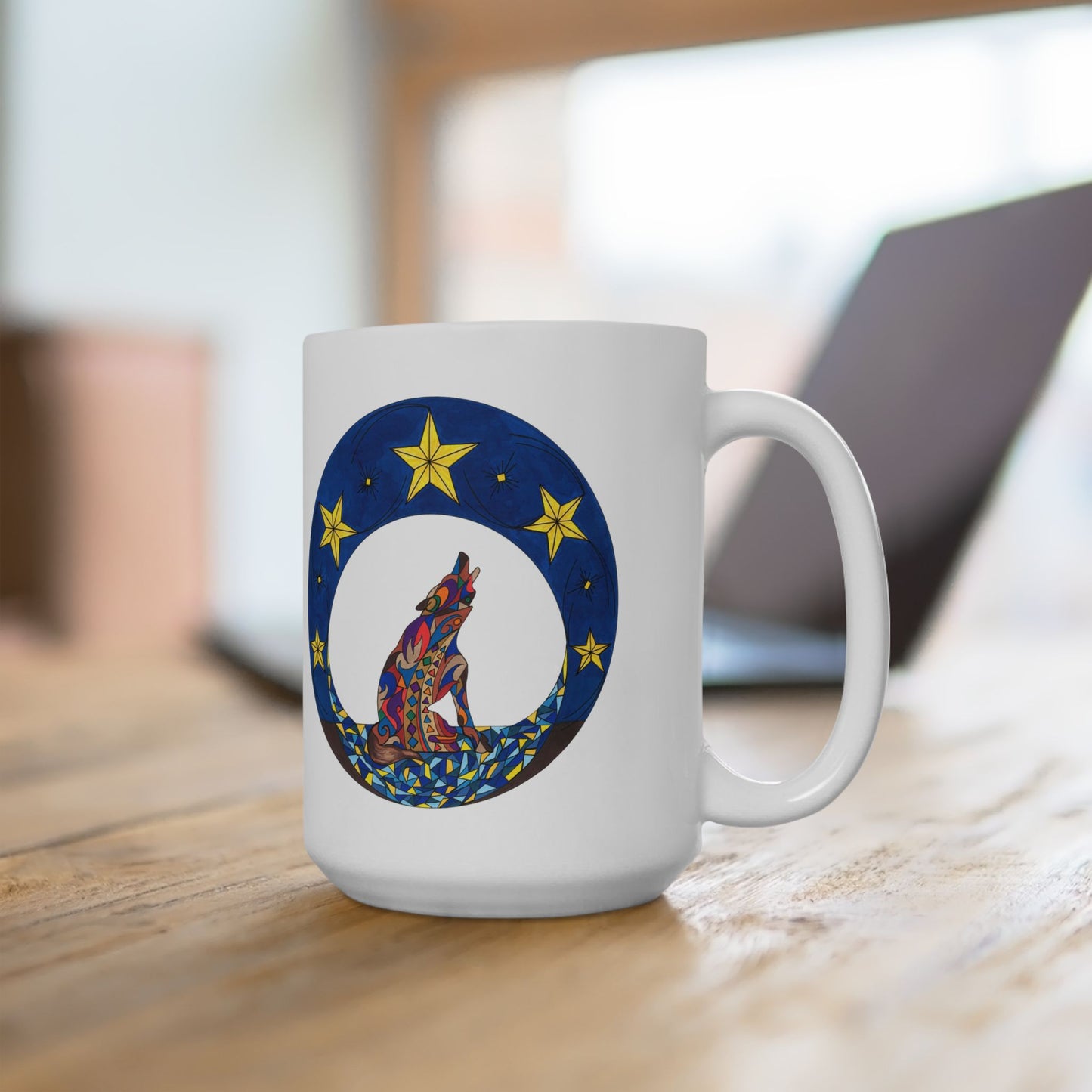Howling Wolf Ceramic Mug, White (11 oz,15 oz)